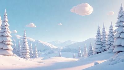 The primary subject of the image is a snowy landscape with a mountain range in the background. The setting is a wintery environment with snow-covered trees and a blue sky. The visual style is a digital art or illustration, creating a serene and peaceful atmosphere. The dominant colors are white and blue, with the snowy landscape and the blue sky contributing to the overall mood of the image.